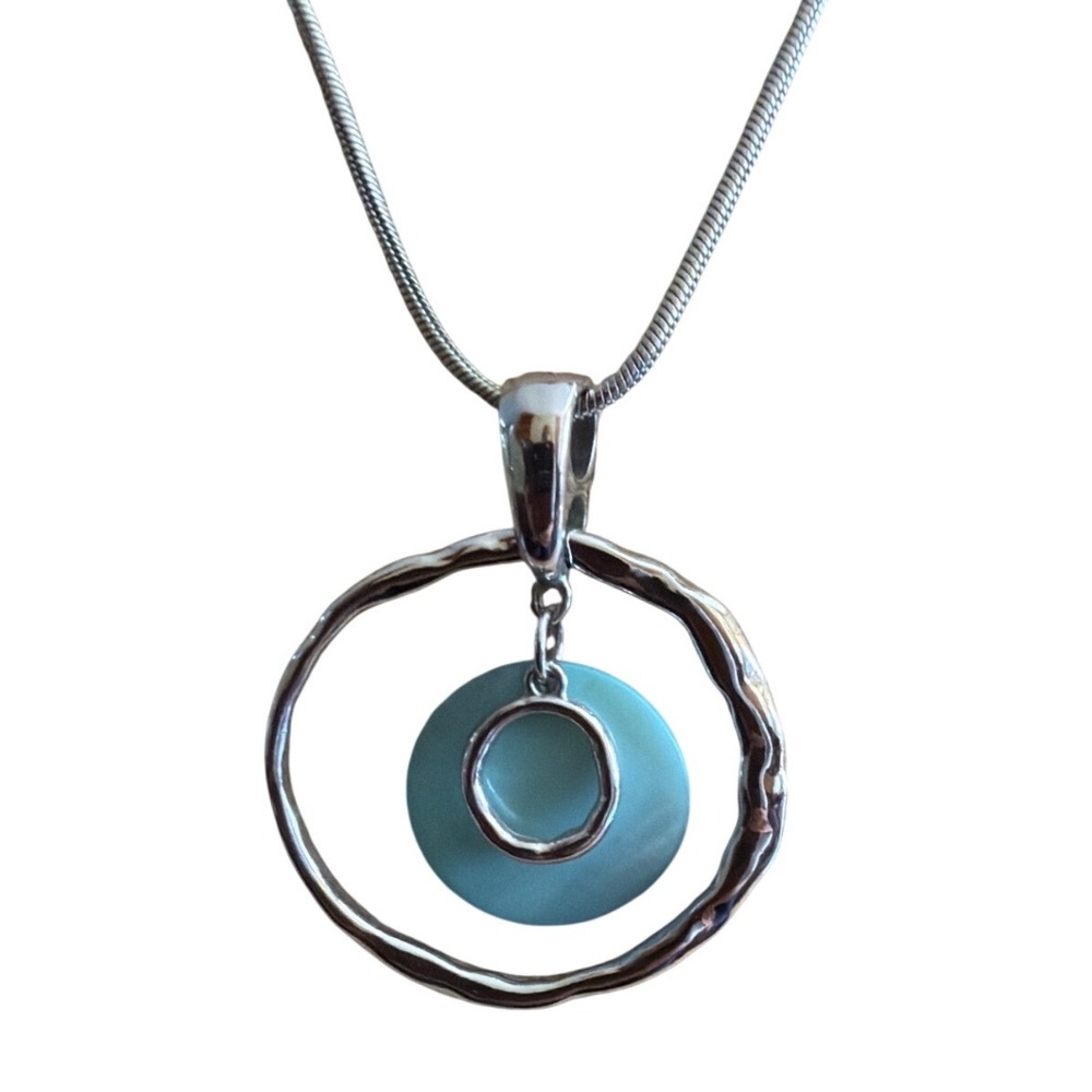 Silver Tone Turquoise Shell Hoop Pendant Snake Chain Necklace Boho Geometric